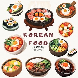koreanisches Essen Clipart Paket - koreanische Küche PNG, hochwertige PNG Bilder von traditionellen Gerichten und Küche im einzigartigen Cartoon-Stil