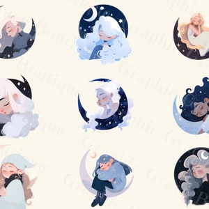 May include: Nine illustrations of girls with long hair sleeping on crescent moons. Each girl is wearing a white dress and has a different hairstyle and expression. The moons are decorated with stars and clouds.