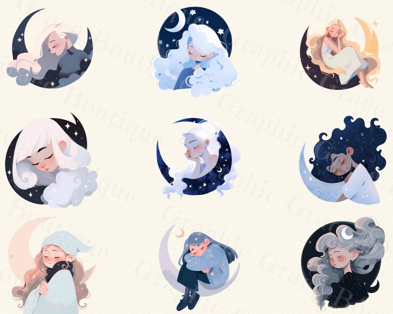 May include: Nine illustrations of girls with long hair sleeping on crescent moons. Each girl is wearing a white dress and has a different hairstyle and expression. The moons are decorated with stars and clouds.