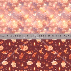 May include: A set of 10 digital papers featuring a dreamy autumn theme. The papers are 12x12 inches and 300 dpi in JPEG format. The designs include glowing lights, butterflies, clouds, leaves, and lanterns.