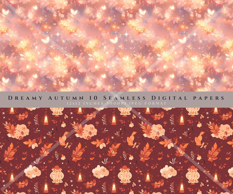 May include: A set of 10 digital papers featuring a dreamy autumn theme. The papers are 12x12 inches and 300 dpi in JPEG format. The designs include glowing lights, butterflies, clouds, leaves, and lanterns.