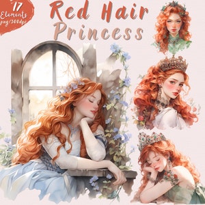 Encantadora acuarela pelo rojo princesa clipart - encantadores retratos transparentes, corona, flores y sueños - Descarga instantánea uso comercial