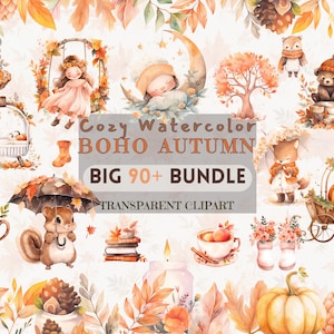 Autumn Watercolor Clipart Bundle - 92 Images, Cozy Boho Fall Nursery & Kids Wall Clipart, Transparent PNG and SVG + Bonus Seamless Clipart