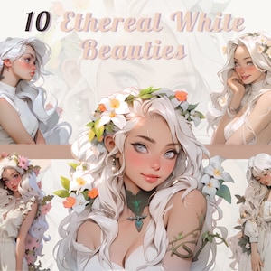 Ethereal Girls Clipart Bundle - Poses florales gracieuses, beaux cheveux blancs et argentés, belle mode - Téléchargement numérique, haute qualité