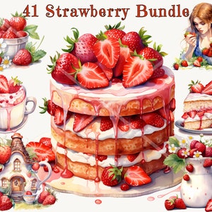 Clipart Bundle de fraises aquarelle : Délices de fraises & Images thématiques, 41 Images PNG à usage commercial