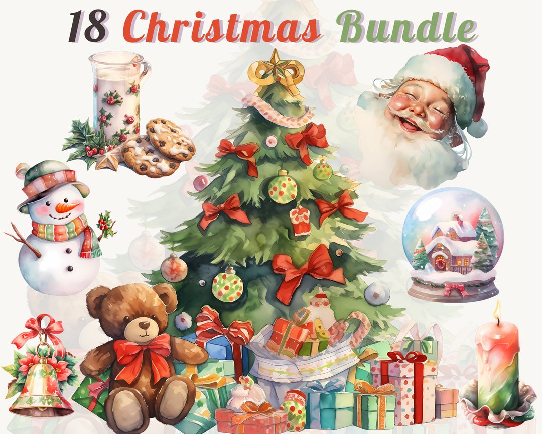 Watercolor Christmas Clipart Bundle - Christmas Tree, Santa , Snowman ...