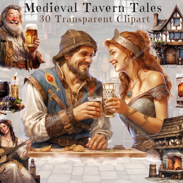 Medieval Tavern Digital Clipart Bundle - Cozy Inns and Bards, PNG Images in Watercolor Style for Commercial Use, Unique Medieval Ambience
