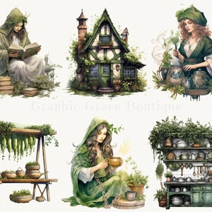 Puede incluir: Ilustraciones en acuarela de una caba&ntilde;a, una mujer leyendo y una mujer preparando hierbas. Las im&aacute;genes presentan una combinaci&oacute;n de colores verde y blanco con elementos bot&aacute;nicos. El texto "Graphic Grace Boutique" es visible.