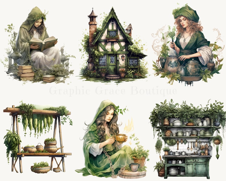Puede incluir: Ilustraciones en acuarela de una caba&ntilde;a, una mujer leyendo y una mujer preparando hierbas. Las im&aacute;genes presentan una combinaci&oacute;n de colores verde y blanco con elementos bot&aacute;nicos. El texto "Graphic Grace Boutique" es visible.
