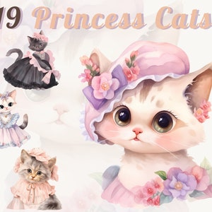 Watercolor Princess Cat Clipart Bundle - Adorable Cats, Cute Dresses - High-Quality PNG - Personal And Commercial Use - Instant Download