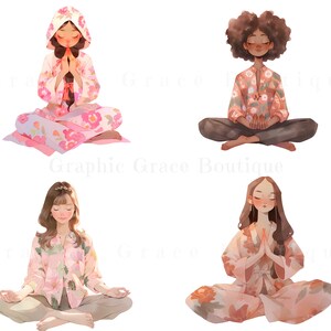 May include: Four women in various poses meditating in a seated position. Each woman is wearing a pink and white floral patterned top and trousers. The women have different hair colours and styles.