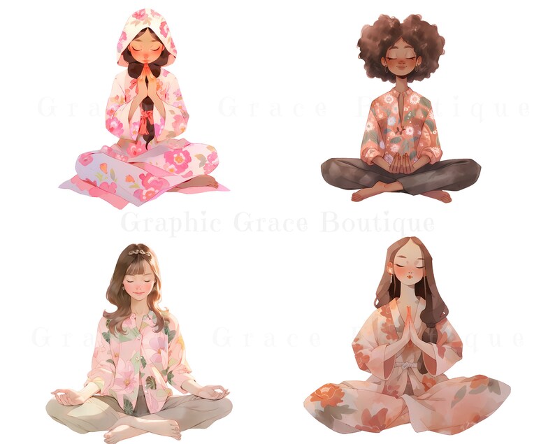 May include: Four women in various poses meditating in a seated position. Each woman is wearing a pink and white floral patterned top and trousers. The women have different hair colours and styles.