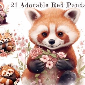 Schattige rode Panda aquarel clipart bundel, expressieve baby rode panda's, bloemen, hoogwaardige, PNG-afbeeldingen, commercieel gebruik