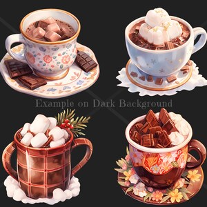 May include: Four different mugs of hot chocolate with various toppings, including marshmallows, chocolate pieces, and whipped cream. The mugs are decorated with floral patterns and plaid designs.