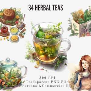Pacote de clipart de chá de ervas em aquarela, coleção de clipart de delícias de chá, perfeito para designs com tema de chá, direitos comerciais completos