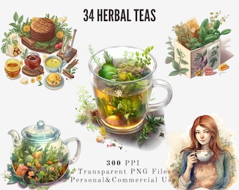 Watercolor Herbal Tea Clipart Bundle – Botanical Tea Illustrations – Loose Leaf & Cup PNGs for Crafts, Journals Printables Stickers