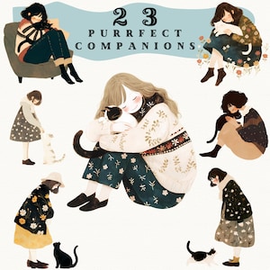 Lovely Purrfect Companions digital stickers, Girls and Cats png, journaling, cat png, cat sticker, transparent, scrapbooking,anime cat lover