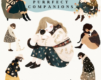 Lovely Purrfect Companions digital stickers, Girls and Cats png, journaling, cat png, cat sticker, transparent, scrapbooking,anime cat lover