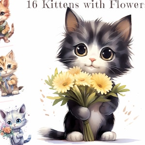 Adorable Kittens Holding Flowers, Watercolor Clipart Bundle - Perfect for Commercial Use, High quality PNGs, Instand Download