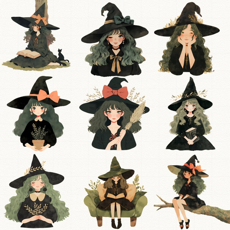 May include: A digital illustration of ten witches wearing black pointed hats with various embellishments. The witches are all wearing black dresses and have long, flowing hair. The background is a light beige color.