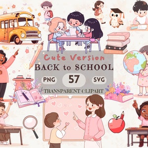 Back to School Clipart Bundle - 57 Cute Cartoon Illustrations, Cute Kids and Teachers Art, School Supplies, SVG & PNG Format, Printable Art