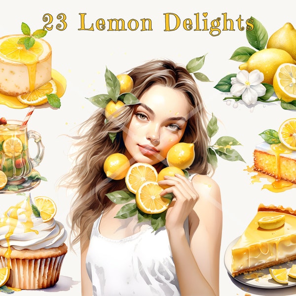 Watercolor Lemon Dessert Clipart Bundle – Lemon Delights, Cheesecake, Cupcake, Ice Cream, Lemonade, Pie – Commercial Use, Instant Download