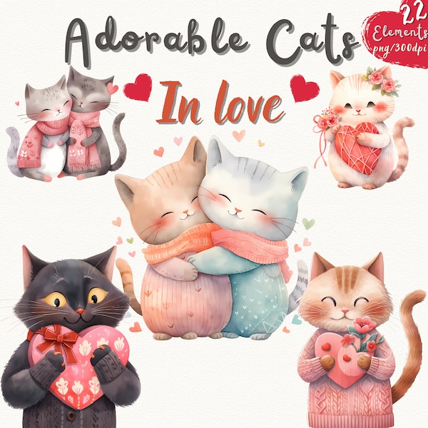Watercolor Love Cat Couple Clipart, Nursery Clipart, Valentine Animal Couple, Romantic Couple Cat| Transparent High-Quality PNG