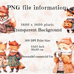 May include: Four digital illustrations of cute foxes wearing autumnal clothing. The foxes are wearing hats, scarves, and sweaters. One fox is holding a book, another is holding a pumpkin, another is holding a cup of coffee, and the last two are walking together. The illustrations are on a transparent background.