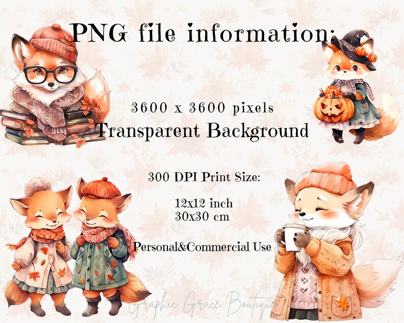 May include: Four digital illustrations of cute foxes wearing autumnal clothing. The foxes are wearing hats, scarves, and sweaters. One fox is holding a book, another is holding a pumpkin, another is holding a cup of coffee, and the last two are walking together. The illustrations are on a transparent background.
