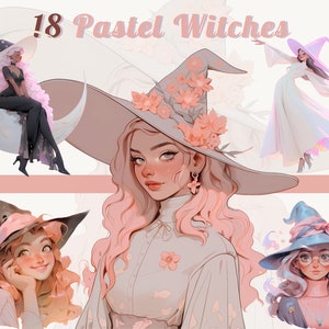 Pastel Witches Clipart Bundle - PNG Pastel Witches Art, Adorable Pastel Cute Clipart PNG bundle - Instant Download for Commercial Use