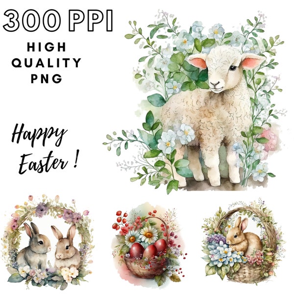 Watercolor Easter Set, Commercial Use Clipart, PNG with Transparent Background, Bunny, Lamb, Spring, Chick,Eggs,Basket, Rabbit Illustrations