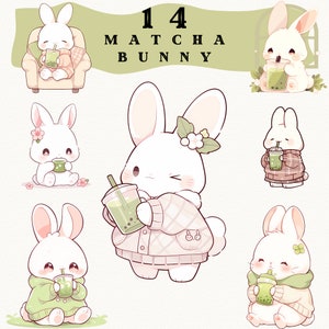 May include: Illustration of 14 Matcha Bunny characters. Each bunny is white with pink accents and is holding a green matcha drink with boba. The bunnies are in various poses and wearing different outfits, including a sweater, a plaid shirt, and a flower crown.