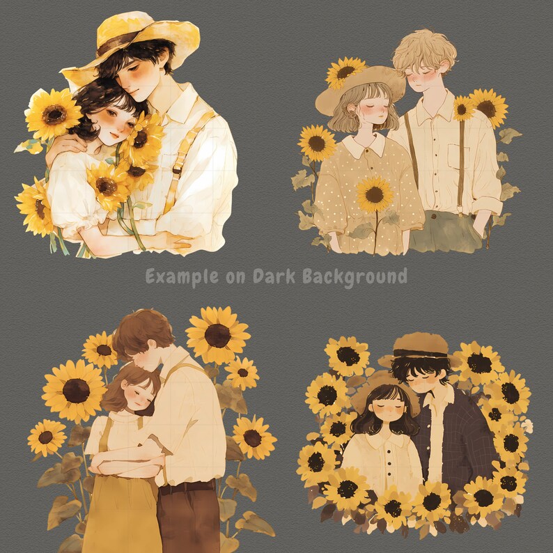 May include: Two couples are depicted in a watercolor style illustration. Each couple is embracing, surrounded by yellow sunflowers. The background is a soft gray.