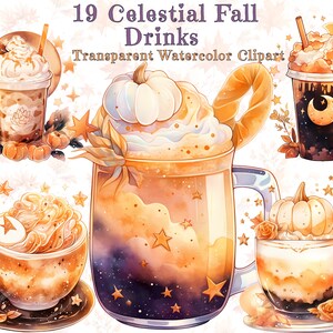 Paquete de imágenes prediseñadas de bebidas de otoño celestial / Latte de calabaza, té de otoño, palitos de canela / 19 PNG transparente / Bebidas deliciosas y acogedoras de otoño