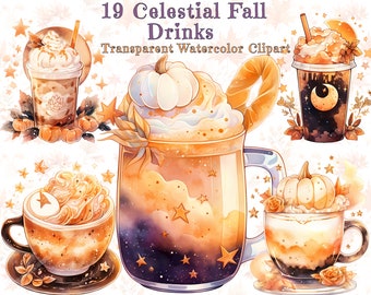 Celestial Autumn Drinks Clipart: Pumpkin Latte, Tea (19 Transparent PNG)