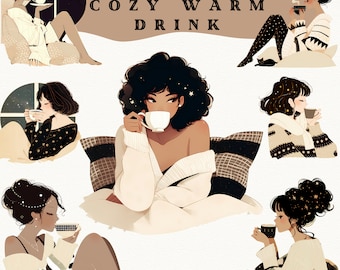 Cosy Drink Girl clipartbundel, warme thee koffie png, huiselijke animestickers digitale download