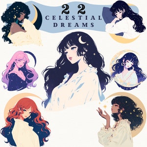 Celestial Dreams Girls digitale stickers, gezellige schoonheden clipart journaling, huiselijke png, grillige sticker, transparant, scrapbooking, anime