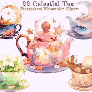 Incantevole pacchetto di clipart per l'ora del tè celeste - 22 PNG trasparenti dell'acquerello, tè fantasy, elementi lunari e stelle, delizie di tè fruttato