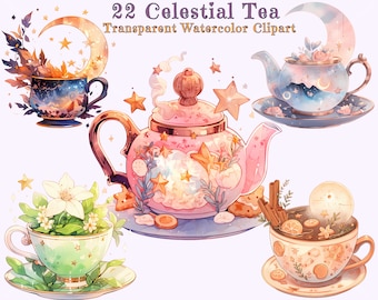 Enchanting Celestial Tea Time Clipart Bundle - 22 Watercolor Transparent PNG,  Fantasy Tea, Moon and Stars Elements, Fruity Tea Delights