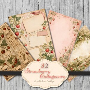 May include: A set of 32 Strawberry Cottagecore digital papers. The papers showcase vintage designs with strawberries, floral elements, and blank label spaces. The colour scheme includes soft pinks, greens, and beige tones, with a distressed, aged appearance.