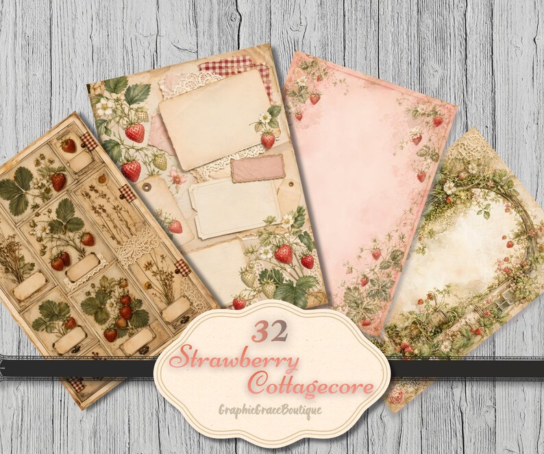 May include: A set of 32 Strawberry Cottagecore digital papers. The papers showcase vintage designs with strawberries, floral elements, and blank label spaces. The colour scheme includes soft pinks, greens, and beige tones, with a distressed, aged appearance.