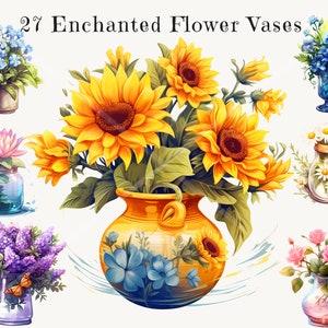 Pacchetto clipart acquerello vaso di fiori incantato, immagini PNG di alta qualità, uso commerciale, con girasoli, rose, viola del pensiero, loto e altro ancora