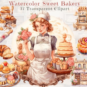 Pacchetto di clipart di pasticceria dolce - Dolci ad acquerello, croissant, baguette, torte e chef di panetteria - PNG di alta qualità, sfondo trasparente