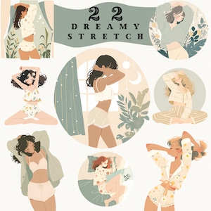 Dromerige Stretch Girls digitale Sticker Clipart, gezellige clipart, Bedtime Stretch, leuke en ontspannende png clipart, minimalistisch, schattig plakboek