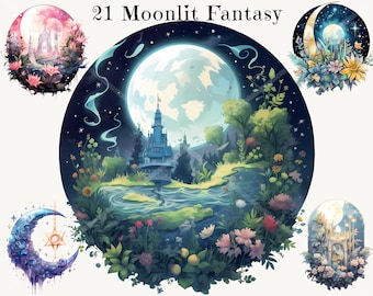 Moonlit Fantasy Clipart Bundle, Watercolor Celestial PNG, Crescent Moon Stars, Mystical Scrapbook Digital Download