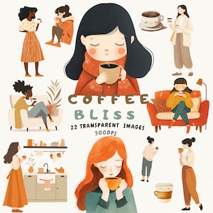 Collezione di clipart Coffee Bliss, set di clipart per ragazze stravaganti che sorseggiano caffè per un'avventura mattutina alimentata dalla caffeina - Clipart del caffè mattutino