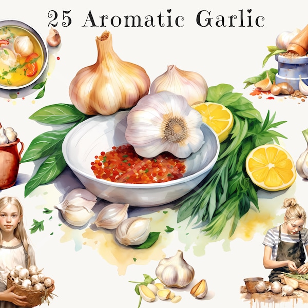 Aquarelle ail numérique Clipart Bundle - usage Commercial, ail aromatique sur le thème PNG Images, pain à l’ail & Illustrations alimentaires