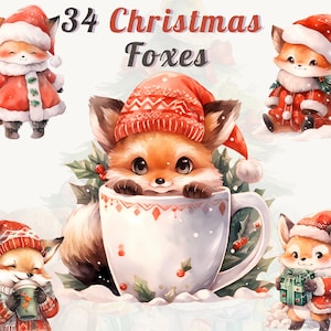 Bundle de cliparts aquarelle de renards de Noël, 34 PNG de haute qualité, adorables renards dans une décoration de chambre d'enfant de vêtements d'hiver, usage personnel et commercial