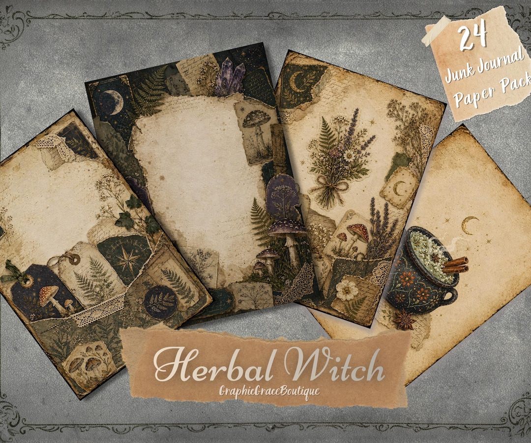 Herbal Witch Junk Journal Pages, A4 Printable Botanical Forest Paper ...