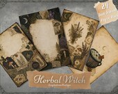 Herbal Witch Junk Journal Pages, A4 Printable Botanical Forest Paper, Vintage Green Witch Ephemera Kit Digital Download